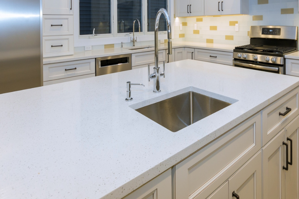 white sparkling quartz counter