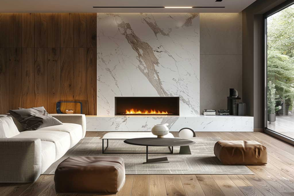 quartz fireplace in room