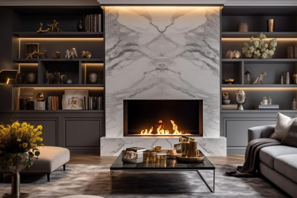 quartz fireplace surround in room